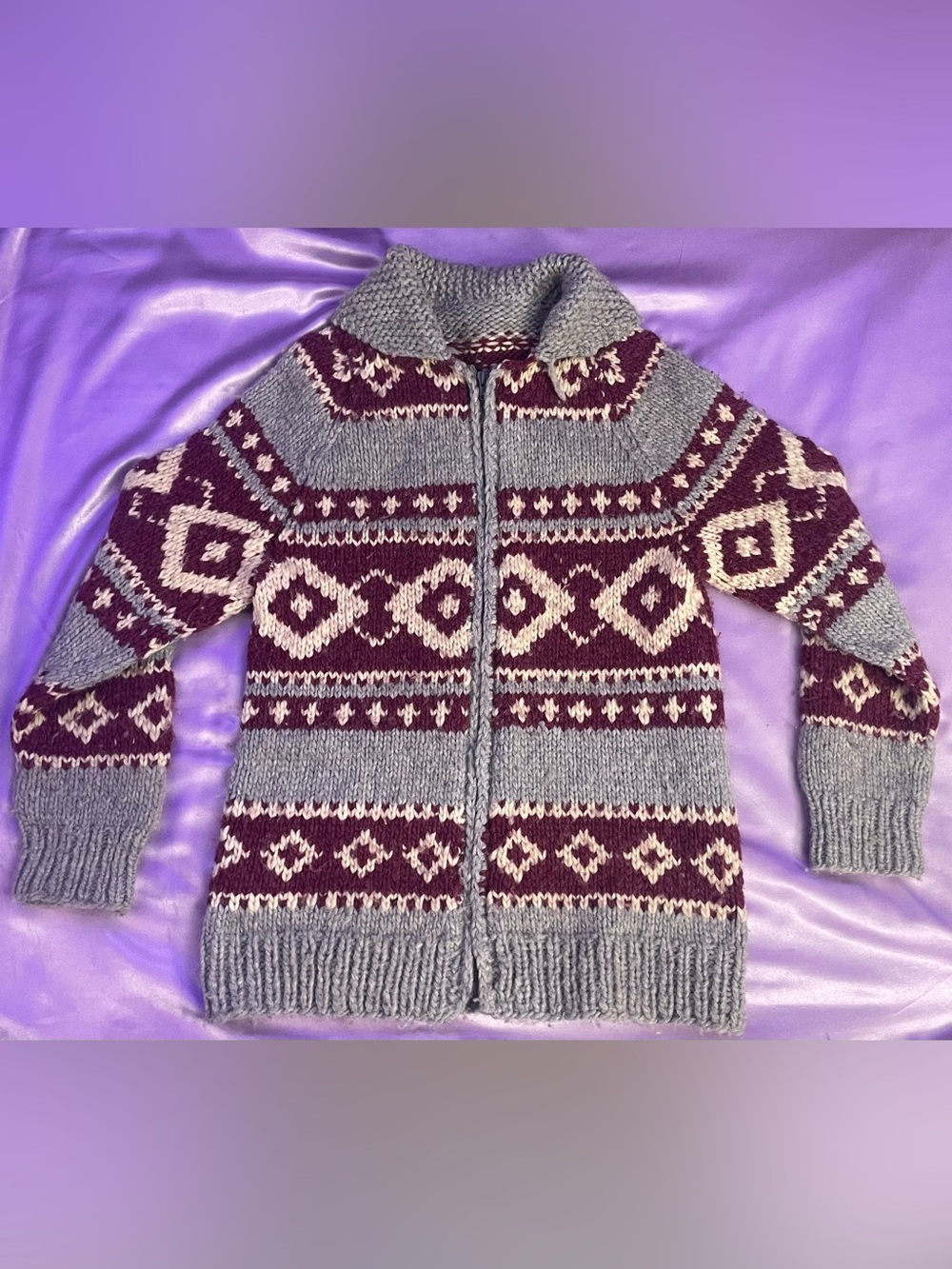 Vintage 70s 80s Hand Knit Cowichan Zip Cardigan Heavy Wool Nordic Fair Isle